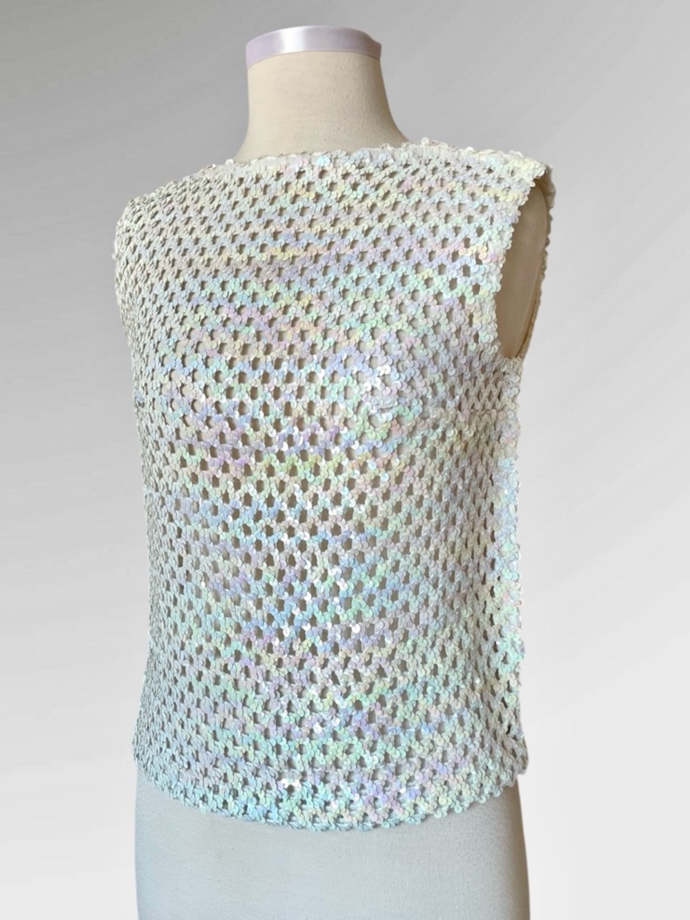 Vintage 1960s White Iridescent Sequin Sleeveless Open Knit Top